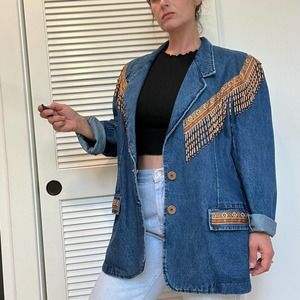 Vintage BeadedFringe Western Denim Oversized Jacket by David David